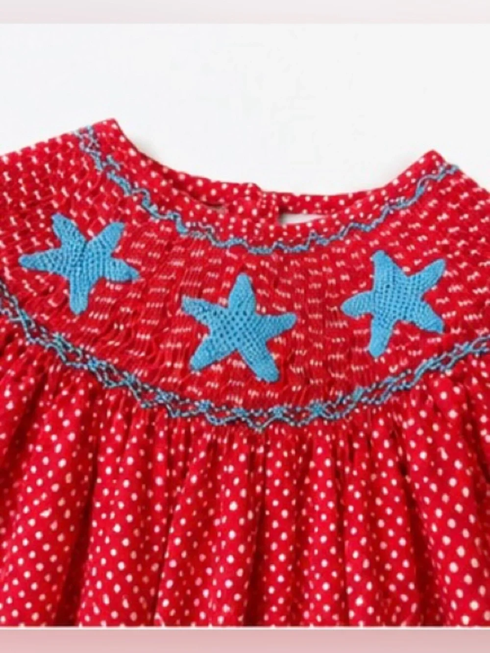 Hand Smocked Starfish Dress Girls 12-18M Red Polka Dot Boutique Patriotic Beach